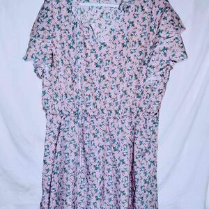 Light Pink & Blue Print Blouson Look Open Neck Puffy Sleeve Dress 4X